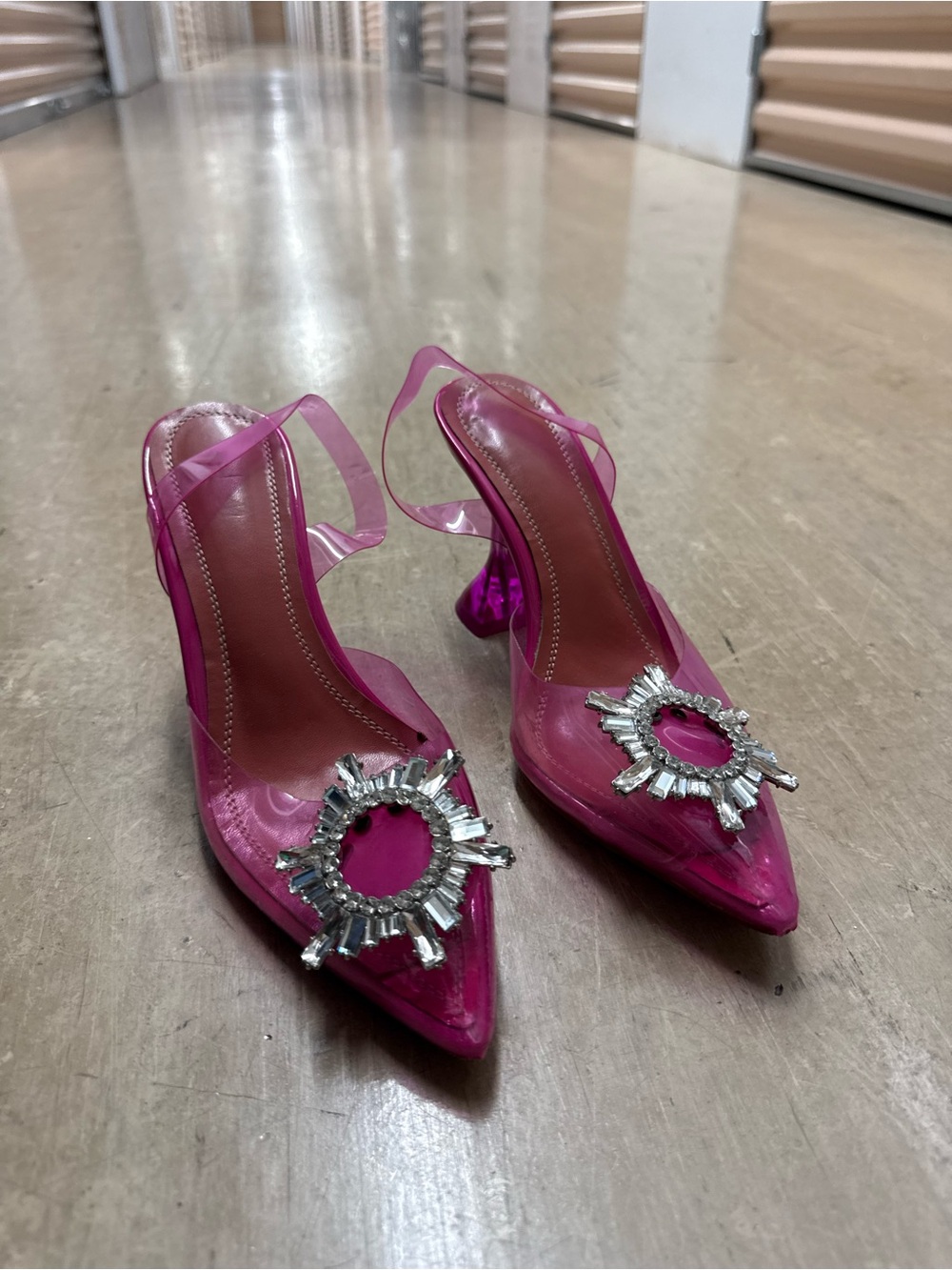 Amazon Pink Pointed-Toe Slingback Heels with Crystal Sunburst Accent